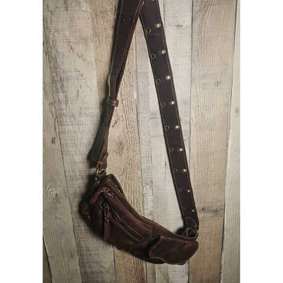 Soft Leather FREE PEOPLE Wade Brown Leather Sling Crossbody Bag Grommets - Picture 13 of 13